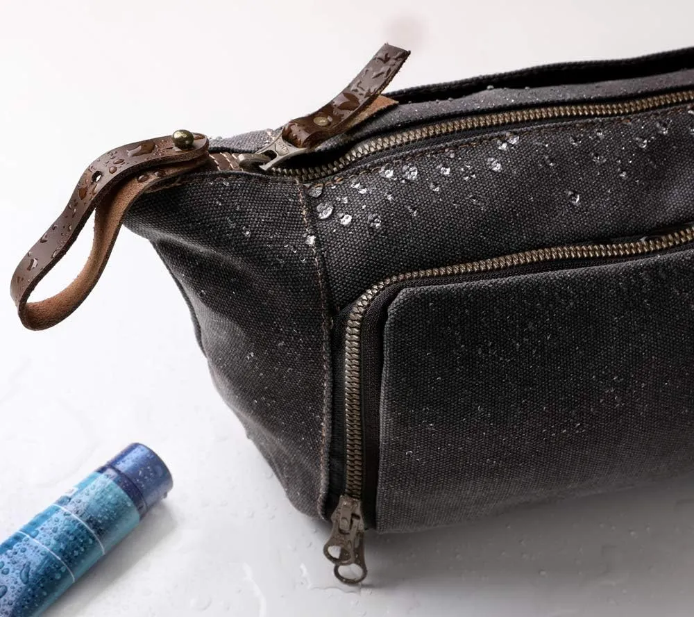 Mens Canvas Toiletry Bags for Women Travel Toiletry Bag Dopp Kit with Genuine Leather Trim and YKK Zipper