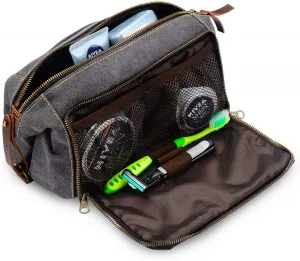 Mens Canvas Toiletry Bags for Women Travel Toiletry Bag Dopp Kit with Genuine Leather Trim and YKK Zipper