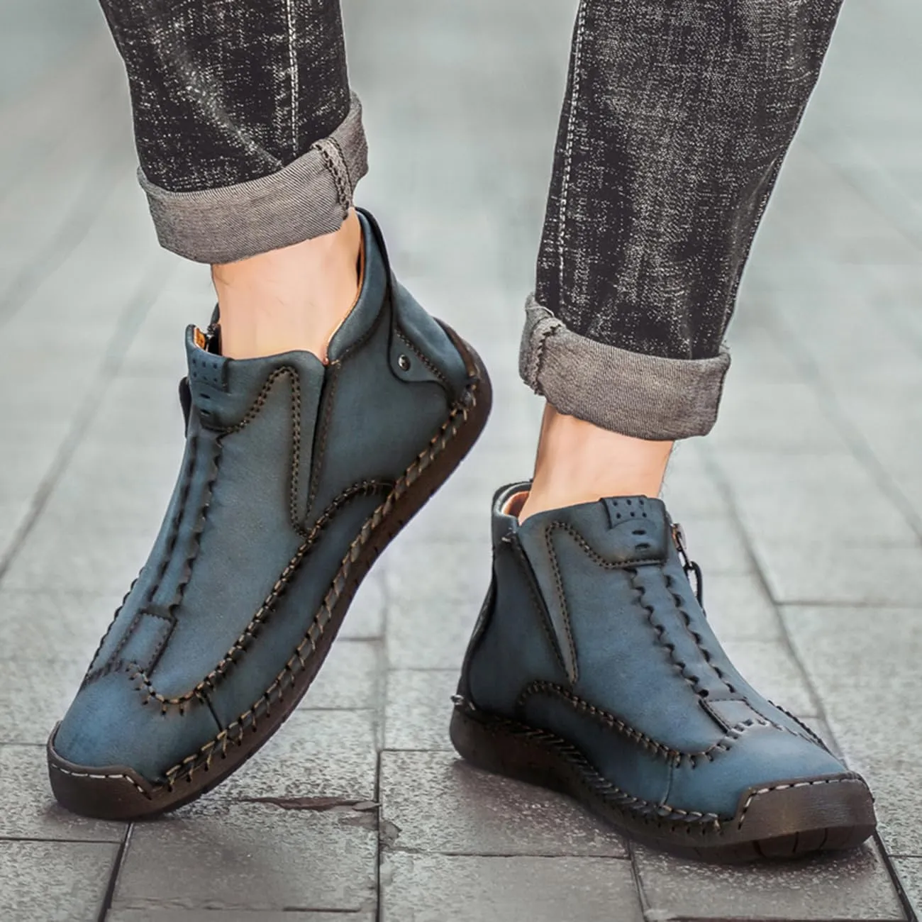 Men's Casual Leather Loafers Fashion Comfortable Chelsea Boots Hand Stitched Slip On Mid-top Shoes