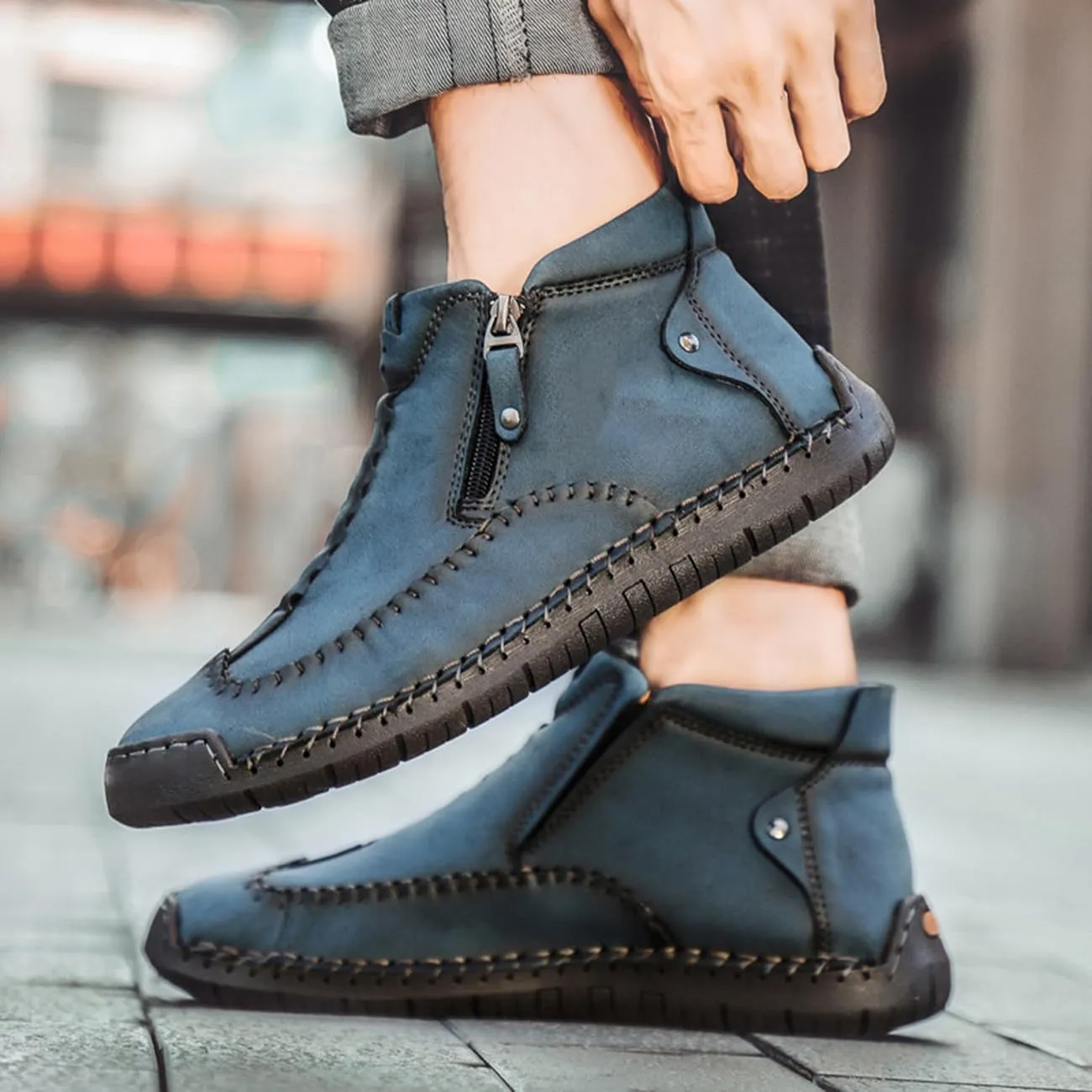 Men's Casual Leather Loafers Fashion Comfortable Chelsea Boots Hand Stitched Slip On Mid-top Shoes