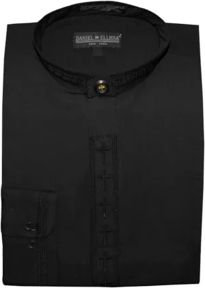 Mens Clerical Clergy Shirt Long Sleeve Collarless Cross Placket (15.5 32/33 - Medium, Black/Black)