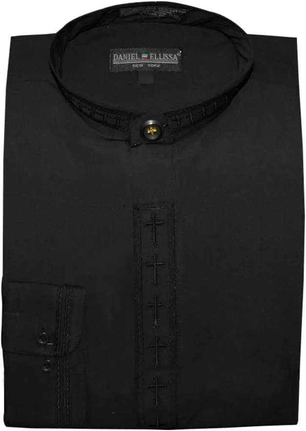 Mens Clerical Clergy Shirt Long Sleeve Collarless Cross Placket (15.5 32/33 - Medium, Black/Black)