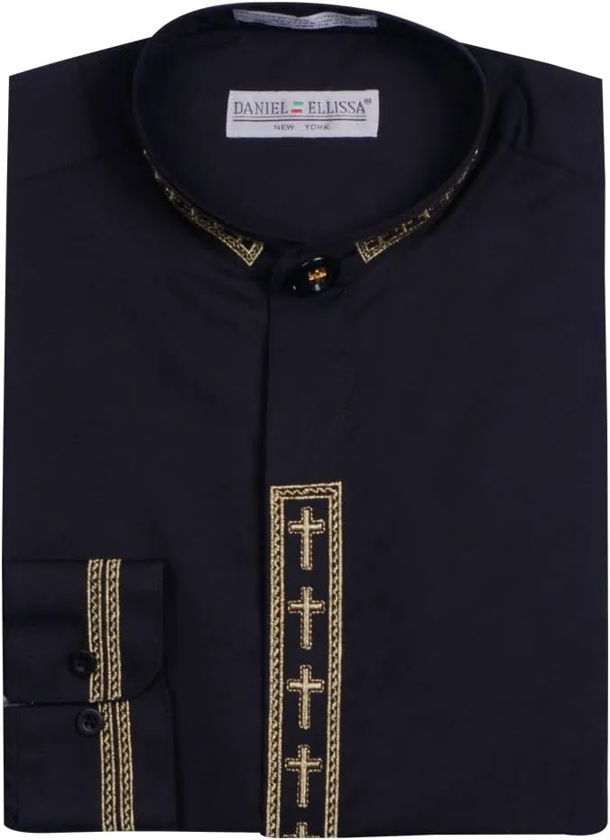 Mens Clerical Clergy Shirt Long Sleeve Collarless Cross Placket (18.5 34/35 - XXL, Black/Gold)
