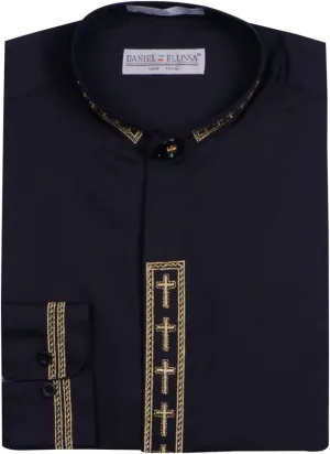 Mens Clerical Clergy Shirt Long Sleeve Collarless Cross Placket (18.5 34/35 - XXL, Black/Gold)