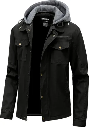 Men's Cotton Lightweight Jacket Military Canvas Field Coat Work Outwear Casual Spring Cargo Jacket with Hooded