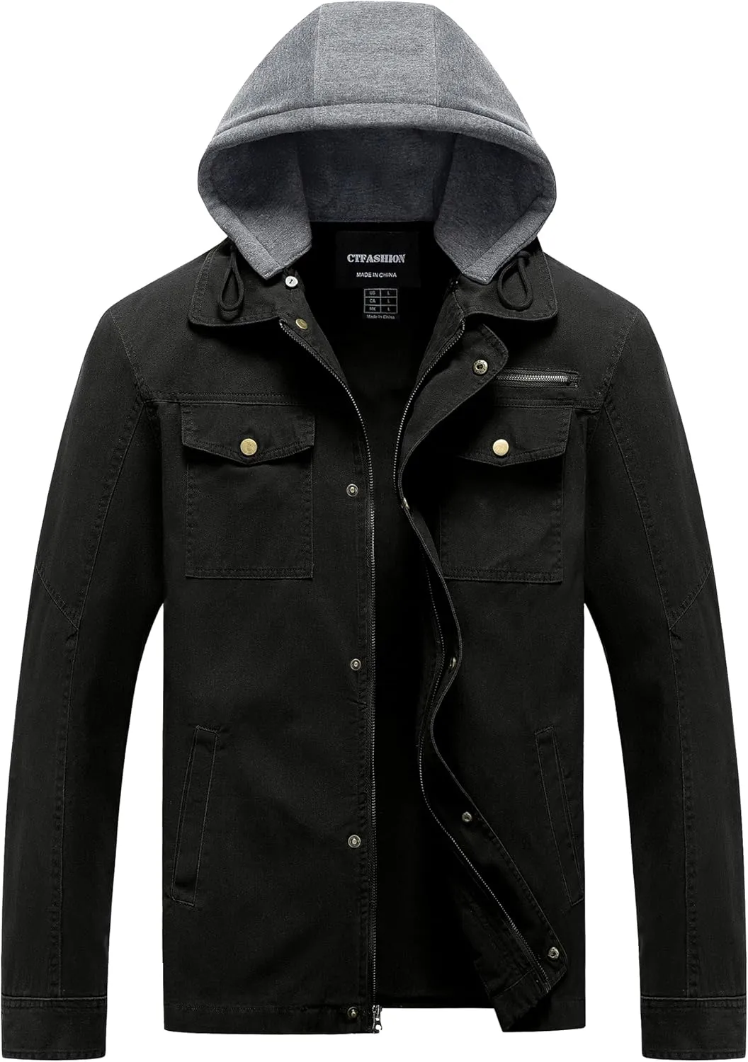 Men's Cotton Lightweight Jacket Military Canvas Field Coat Work Outwear Casual Spring Cargo Jacket with Hooded