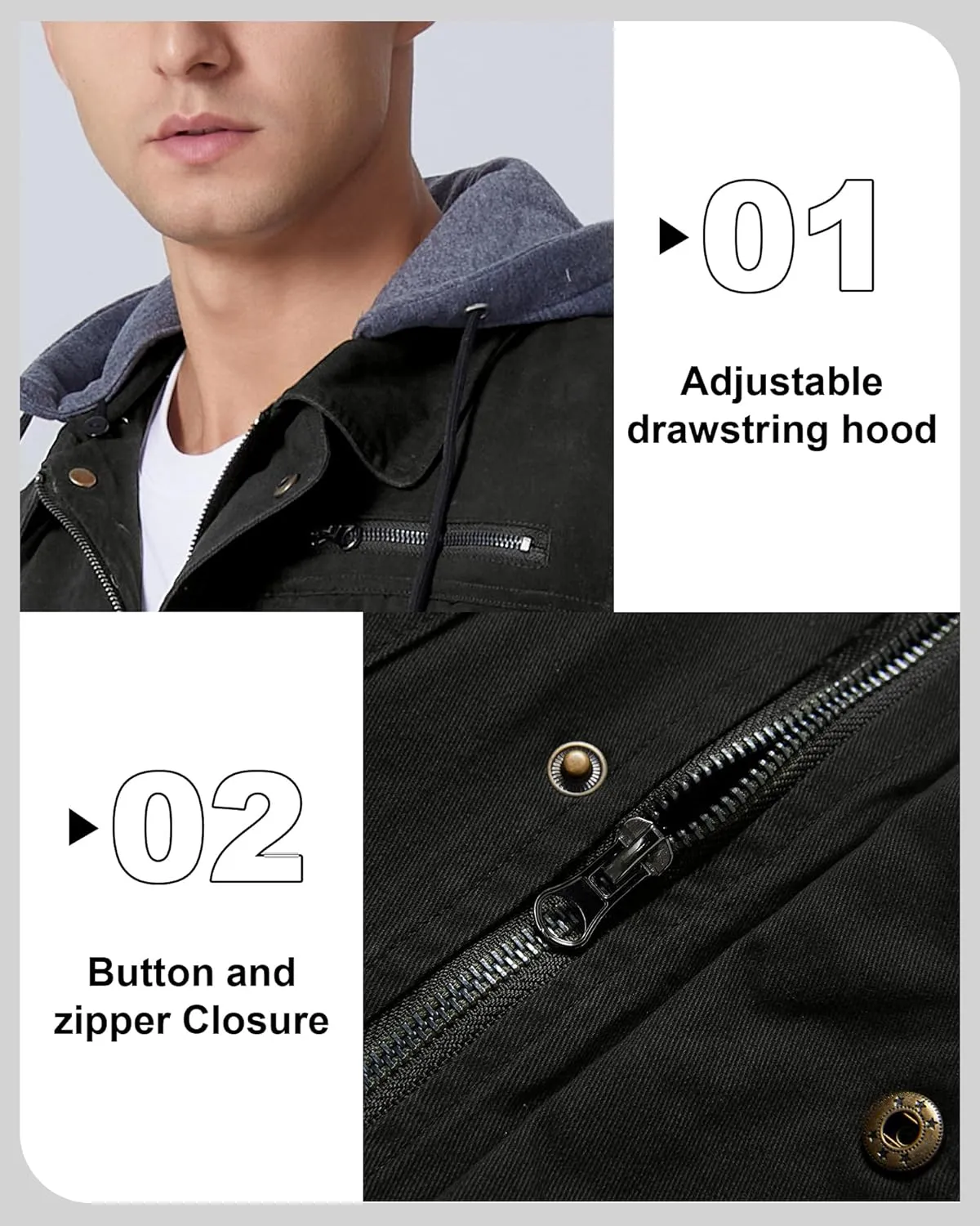Men's Cotton Lightweight Jacket Military Canvas Field Coat Work Outwear Casual Spring Cargo Jacket with Hooded