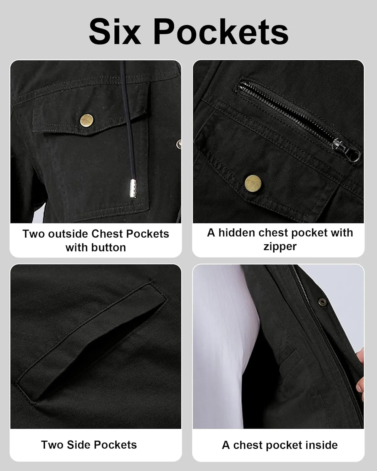 Men's Cotton Lightweight Jacket Military Canvas Field Coat Work Outwear Casual Spring Cargo Jacket with Hooded
