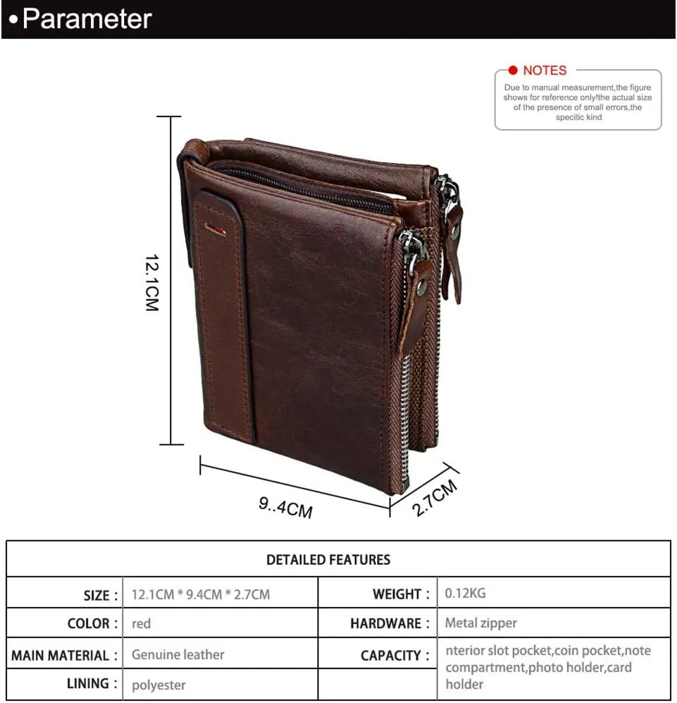 Men's Folding Double Zip Wallet RFID Blocks Retro Short Coin Purse
