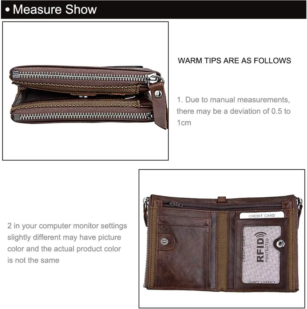 Men's Folding Double Zip Wallet RFID Blocks Retro Short Coin Purse