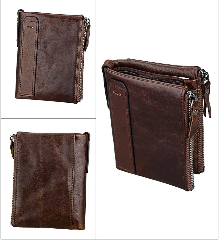 Men's Folding Double Zip Wallet RFID Blocks Retro Short Coin Purse
