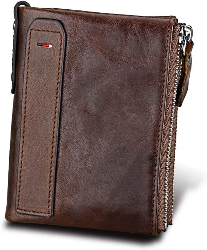 Men's Folding Double Zip Wallet RFID Blocks Retro Short Coin Purse