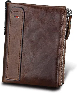 Men's Folding Double Zip Wallet RFID Blocks Retro Short Coin Purse