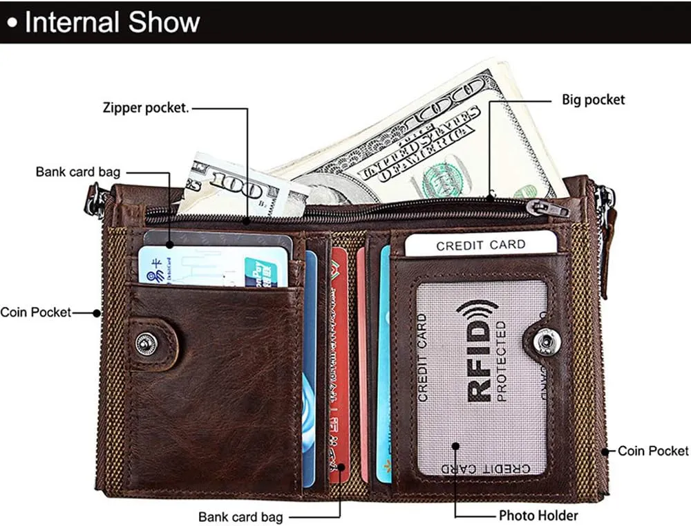 Men's Folding Double Zip Wallet RFID Blocks Retro Short Coin Purse
