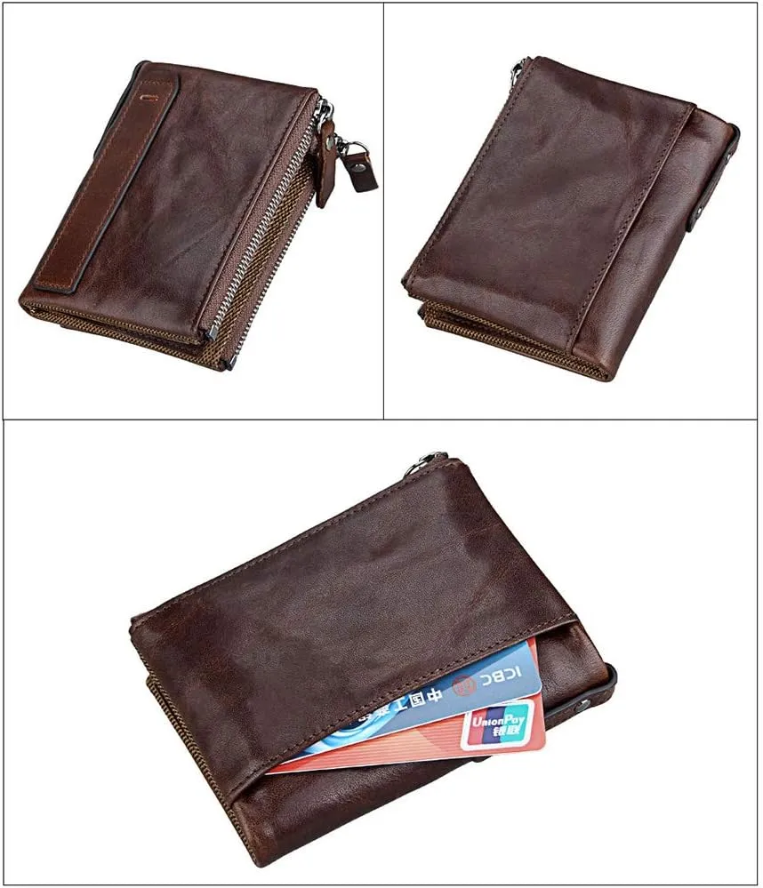 Men's Folding Double Zip Wallet RFID Blocks Retro Short Coin Purse
