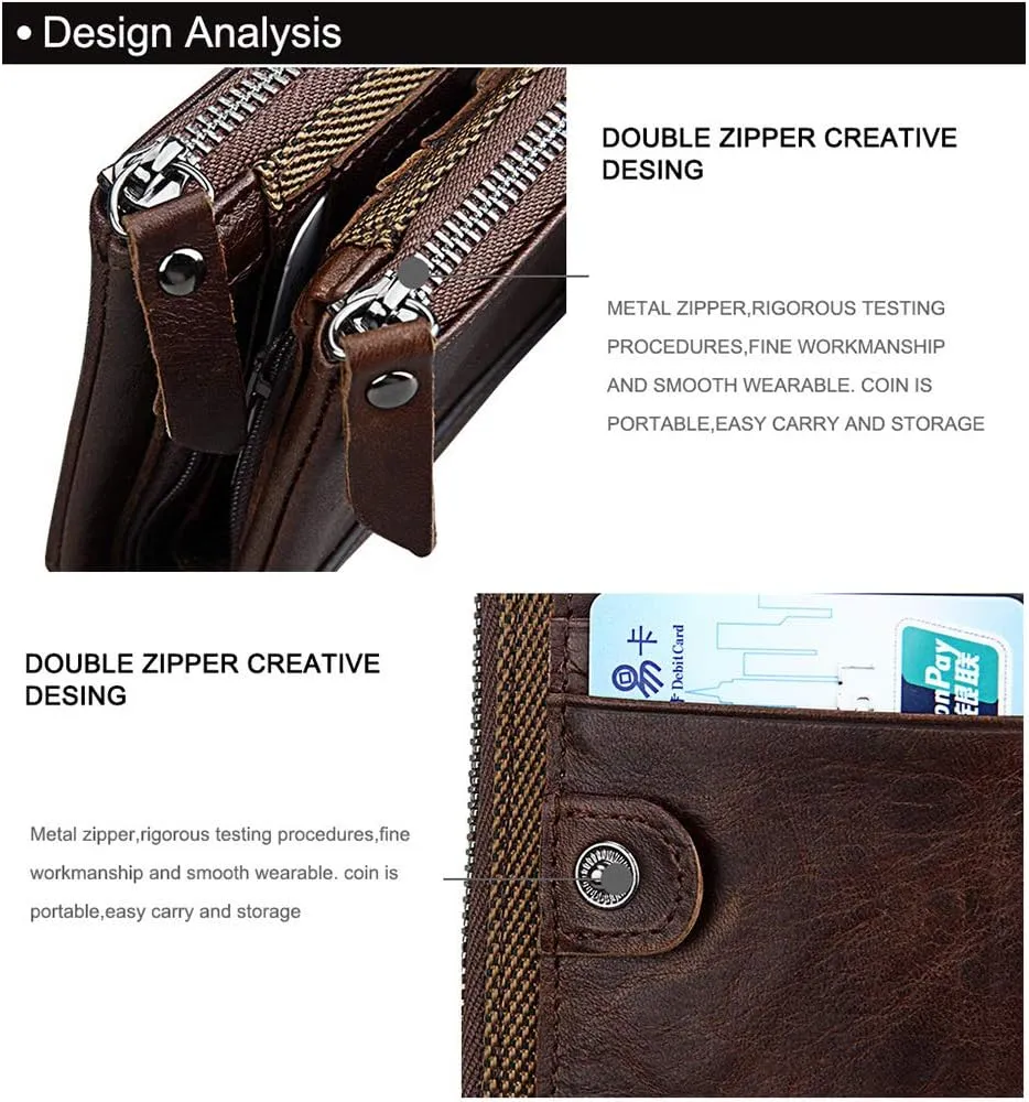Men's Folding Double Zip Wallet RFID Blocks Retro Short Coin Purse
