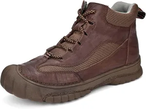 Men's Premium Genuine Cowhide Leather Walking Shoes, High-top Sneakers, Light Hiking Shoes, Casual Shoes, Soft and Wear-Resistant, Mesh Lining, Hand-Stitched