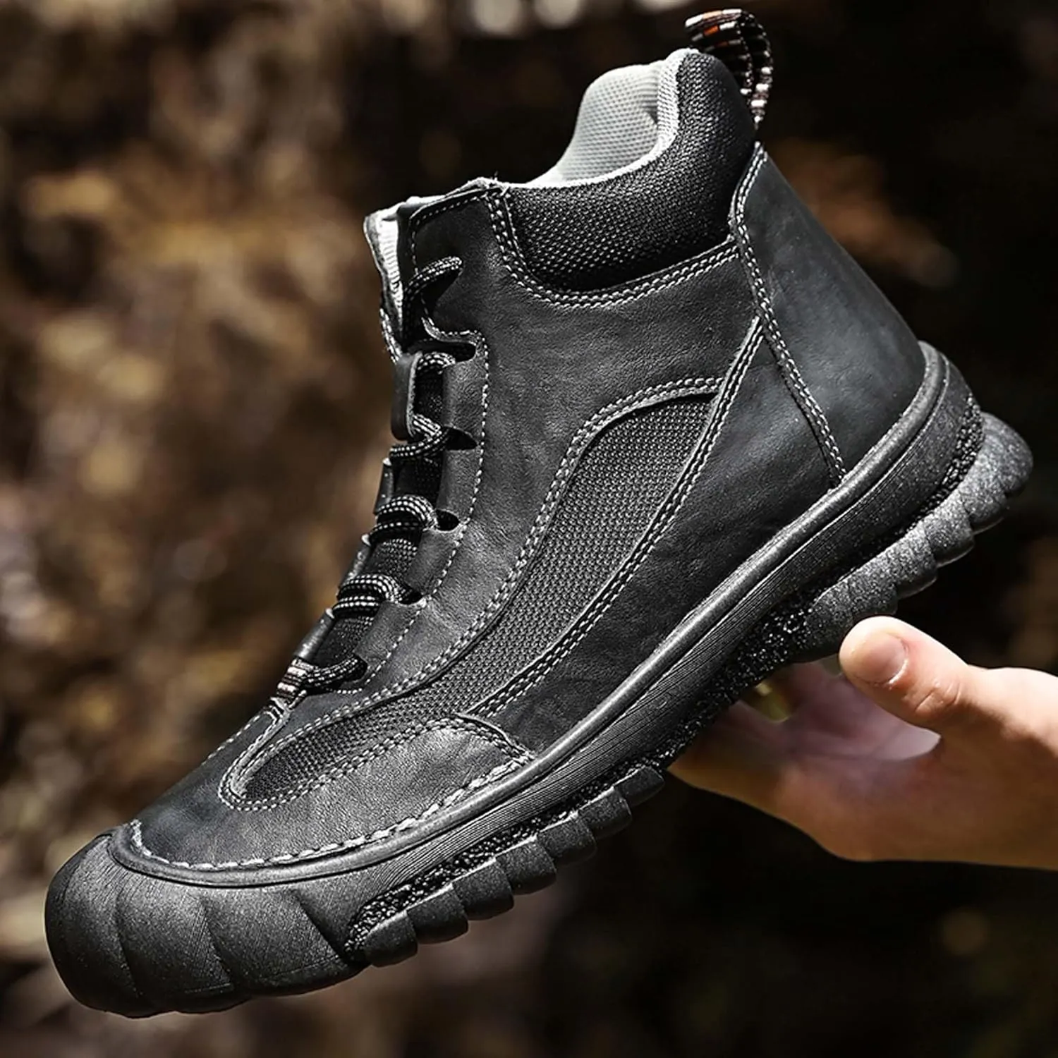 Men's Premium Genuine Cowhide Leather Walking Shoes, High-top Sneakers, Light Hiking Shoes, Casual Shoes, Soft and Wear-Resistant, Mesh Lining, Hand-Stitched