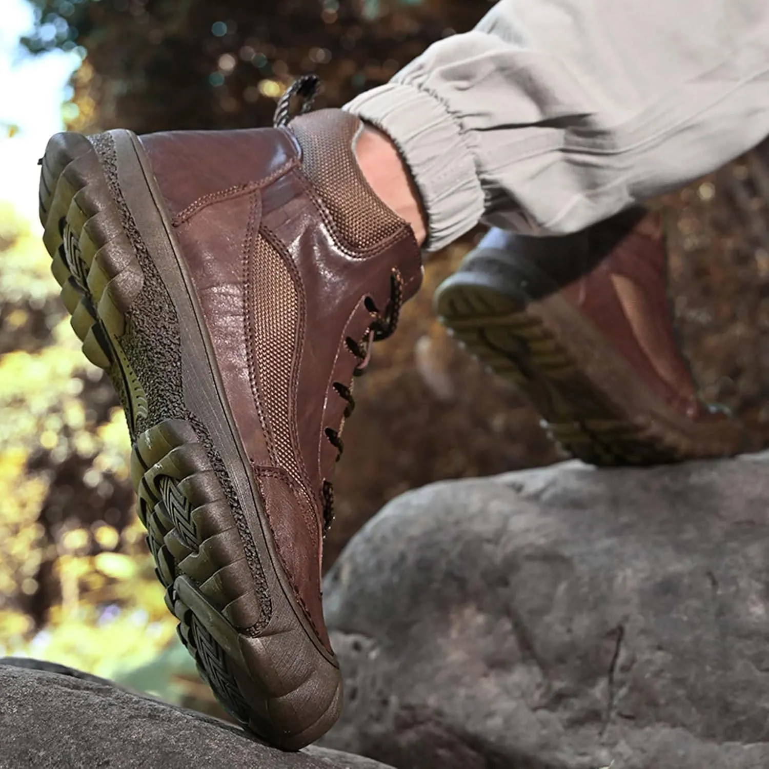 Men's Premium Genuine Cowhide Leather Walking Shoes, High-top Sneakers, Light Hiking Shoes, Casual Shoes, Soft and Wear-Resistant, Mesh Lining, Hand-Stitched