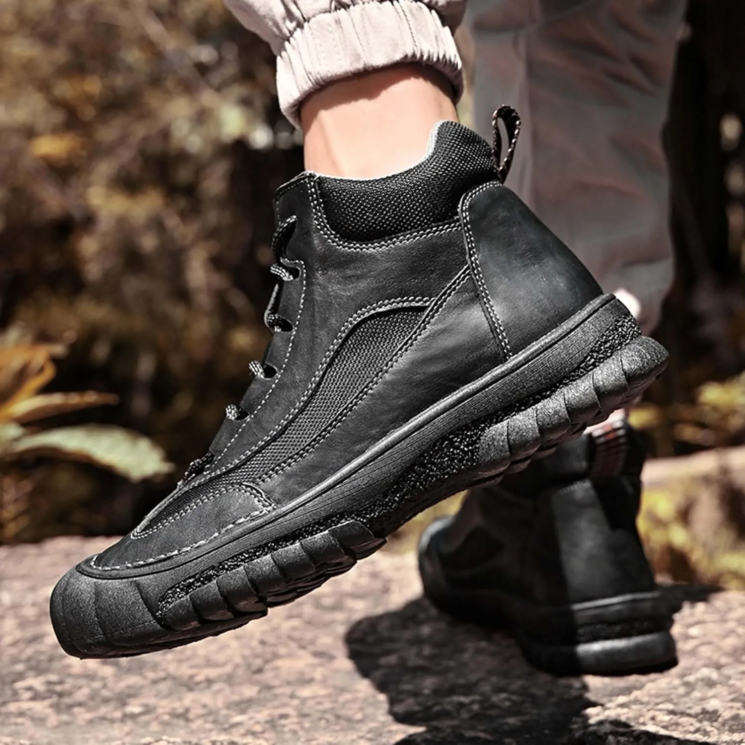 Men's Premium Genuine Cowhide Leather Walking Shoes, High-top Sneakers, Light Hiking Shoes, Casual Shoes, Soft and Wear-Resistant, Mesh Lining, Hand-Stitched