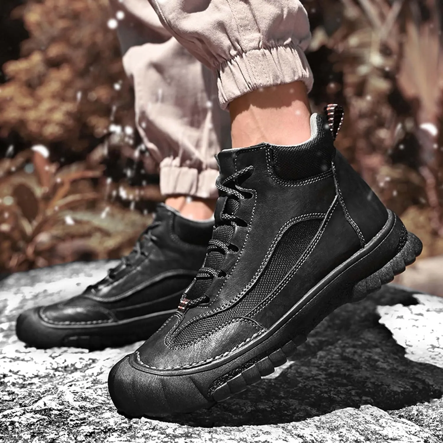 Men's Premium Genuine Cowhide Leather Walking Shoes, High-top Sneakers, Light Hiking Shoes, Casual Shoes, Soft and Wear-Resistant, Mesh Lining, Hand-Stitched