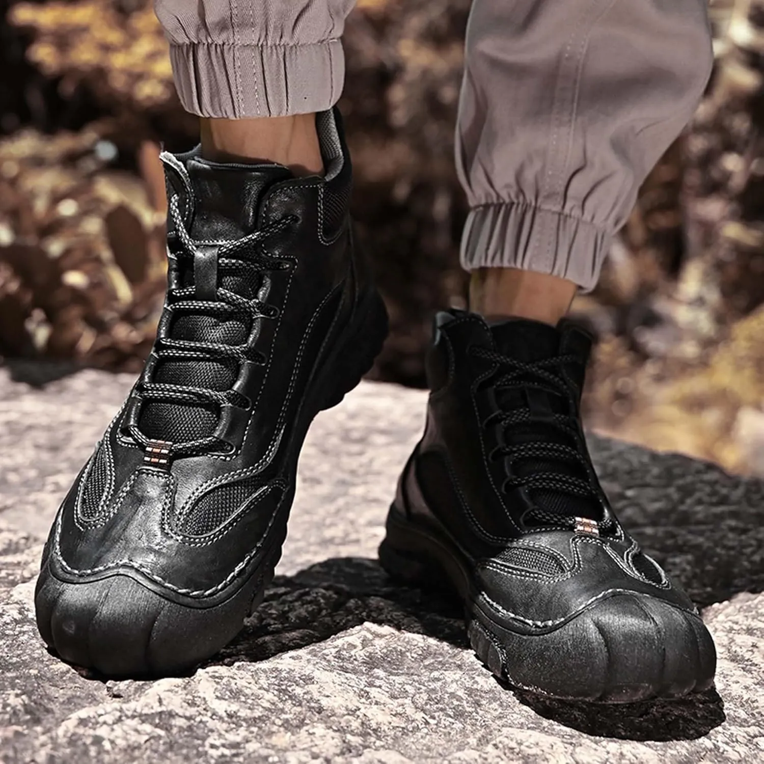 Men's Premium Genuine Cowhide Leather Walking Shoes, High-top Sneakers, Light Hiking Shoes, Casual Shoes, Soft and Wear-Resistant, Mesh Lining, Hand-Stitched