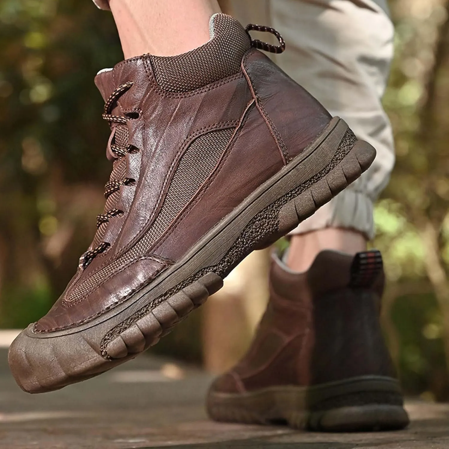 Men's Premium Genuine Cowhide Leather Walking Shoes, High-top Sneakers, Light Hiking Shoes, Casual Shoes, Soft and Wear-Resistant, Mesh Lining, Hand-Stitched