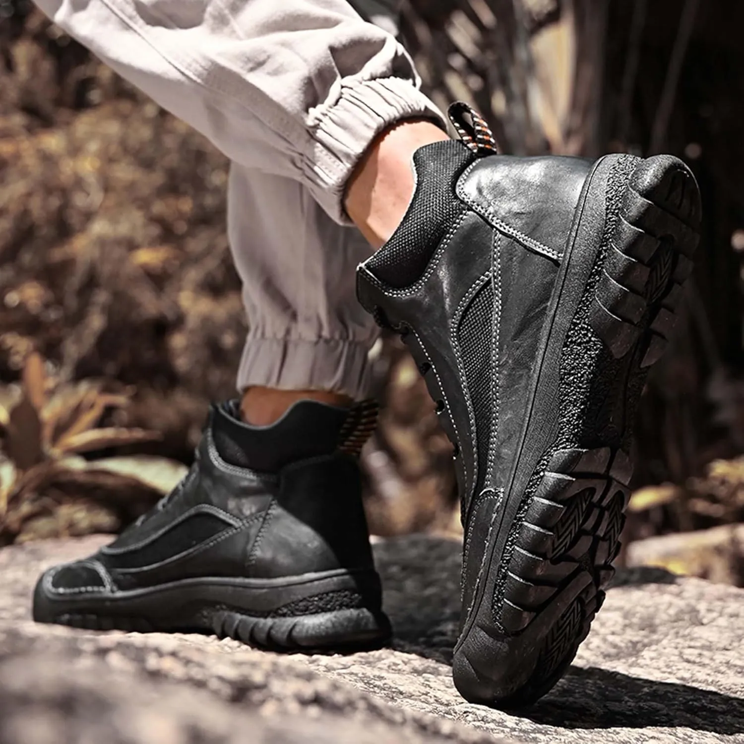 Men's Premium Genuine Cowhide Leather Walking Shoes, High-top Sneakers, Light Hiking Shoes, Casual Shoes, Soft and Wear-Resistant, Mesh Lining, Hand-Stitched