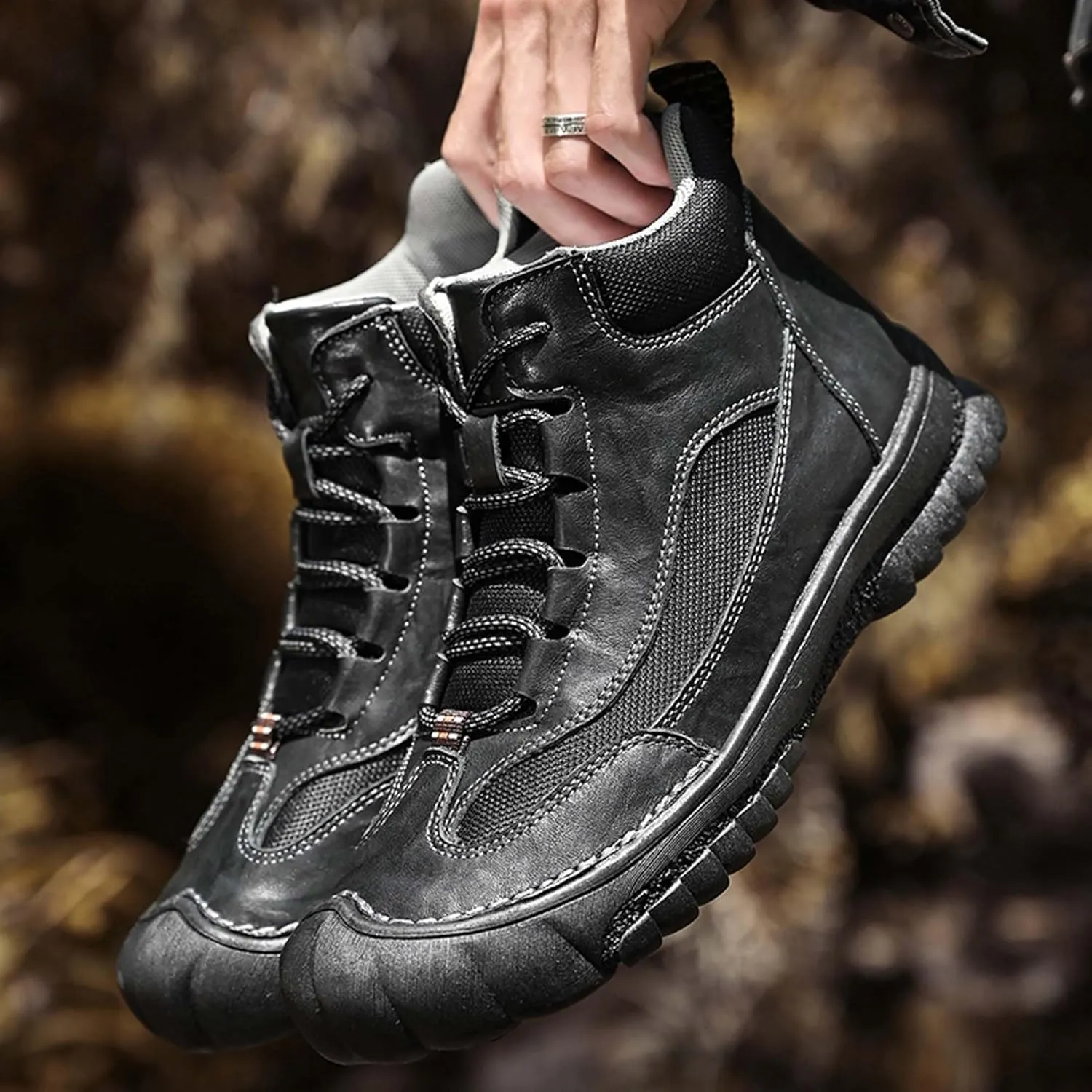 Men's Premium Genuine Cowhide Leather Walking Shoes, High-top Sneakers, Light Hiking Shoes, Casual Shoes, Soft and Wear-Resistant, Mesh Lining, Hand-Stitched