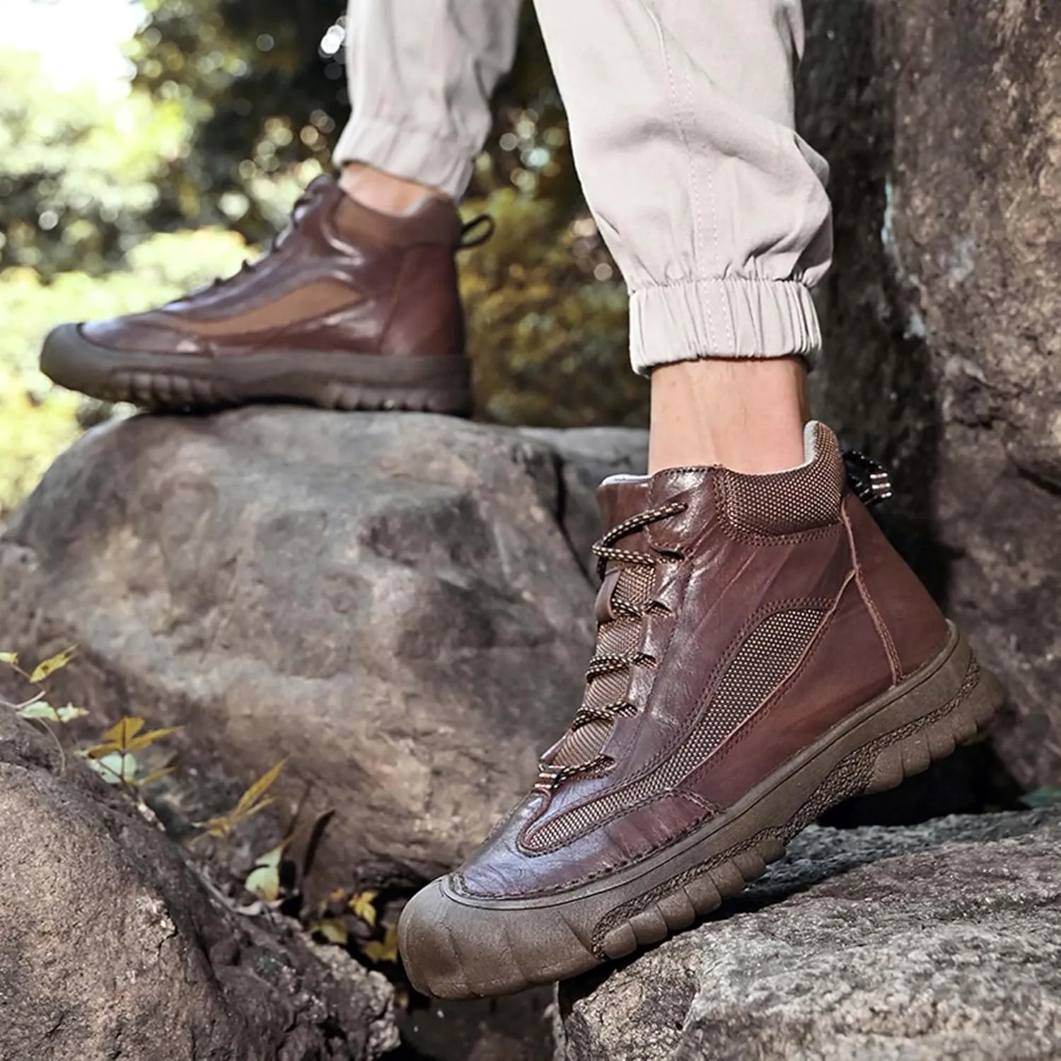 Men's Premium Genuine Cowhide Leather Walking Shoes, High-top Sneakers, Light Hiking Shoes, Casual Shoes, Soft and Wear-Resistant, Mesh Lining, Hand-Stitched