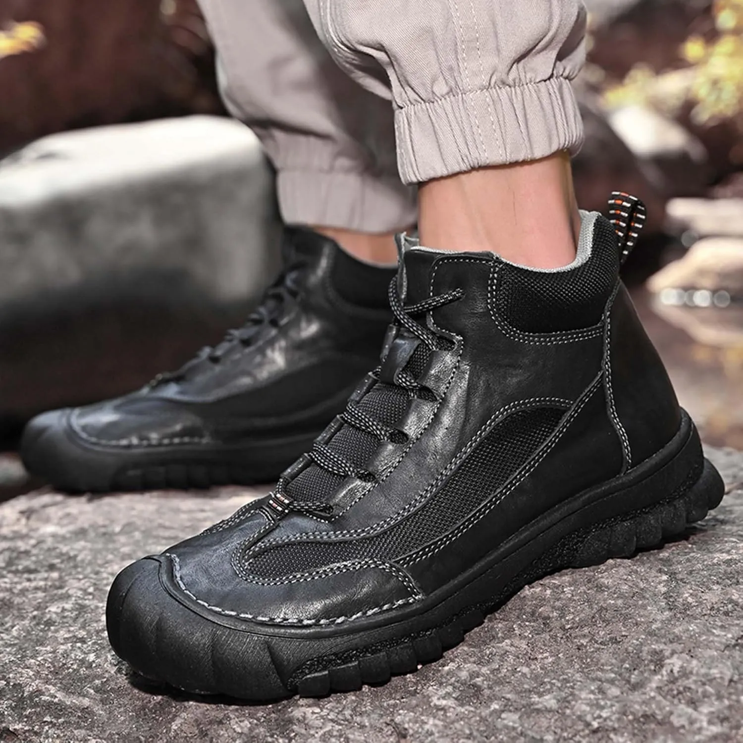 Men's Premium Genuine Cowhide Leather Walking Shoes, High-top Sneakers, Light Hiking Shoes, Casual Shoes, Soft and Wear-Resistant, Mesh Lining, Hand-Stitched