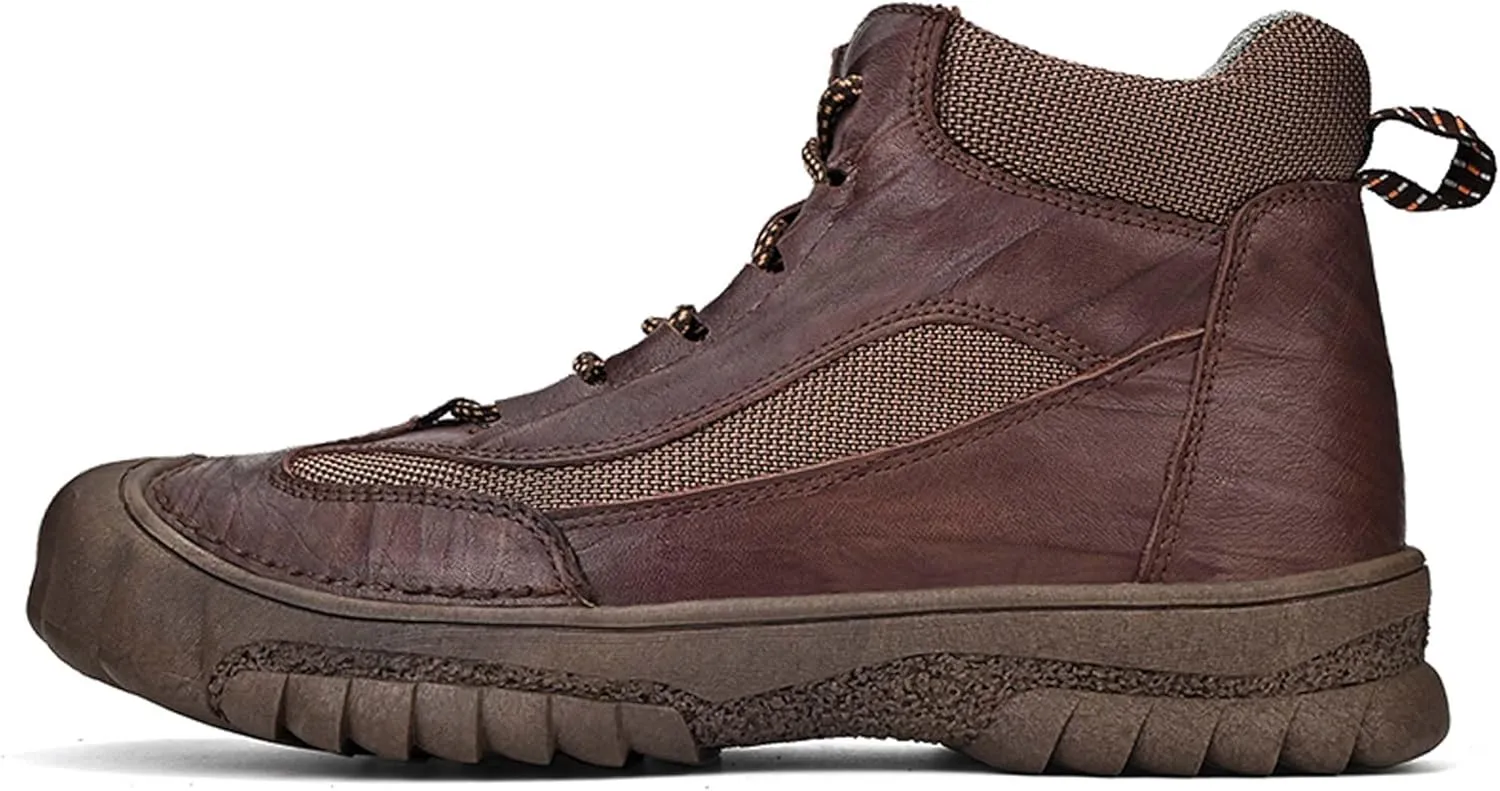 Men's Premium Genuine Cowhide Leather Walking Shoes, High-top Sneakers, Light Hiking Shoes, Casual Shoes, Soft and Wear-Resistant, Mesh Lining, Hand-Stitched