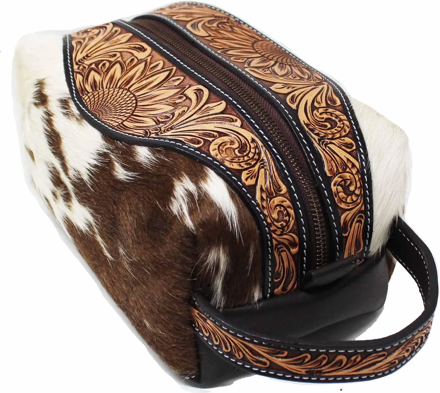 Men's Western Rodeo Fashion Sunflower Hand-Tooled Genuine Leather Cowhide Travel Toiletry Dopp Kit Bag 18FK0102