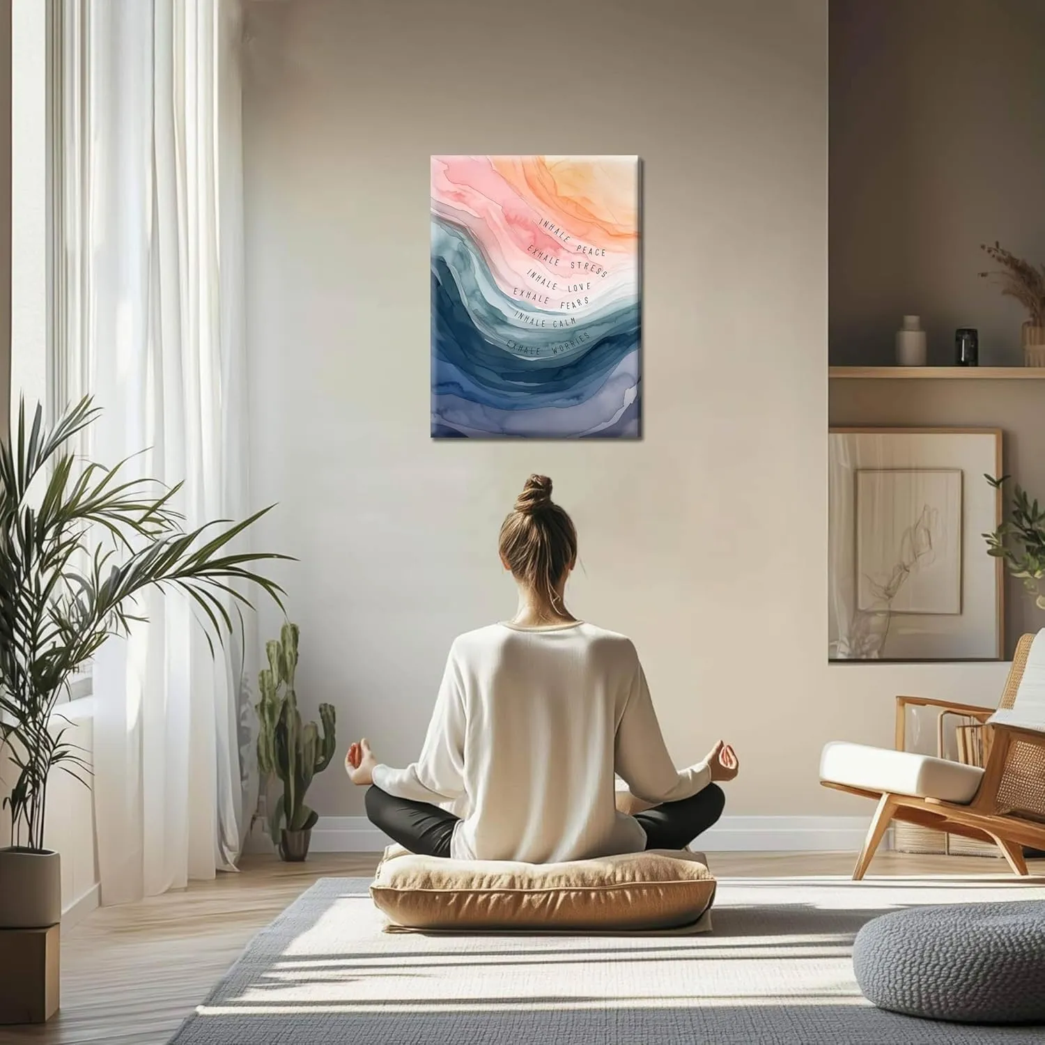 Mental Health Wall Art, Therapy Office Pictures Wall Decor, Inhale Exhale Meditation Art Paintings, Inspirational Canvas Prints, Therapist Artwork for Meditation Room Calming Corner, Framed 16x24 Inch