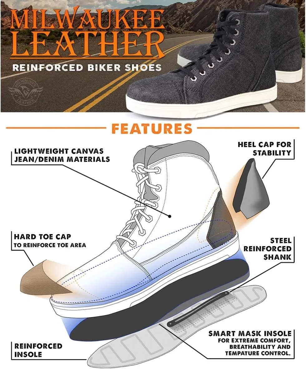 Milwaukee Leather MBM9108 Men's Black Canvas Reinforced Motorcycle Casual Street Riding Shoes w/Ankle Support - 9.5