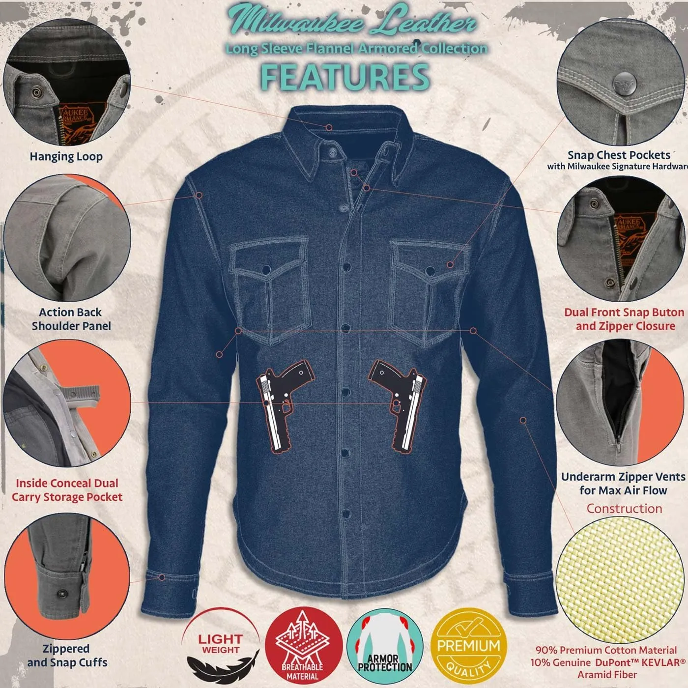 Milwaukee Leather Men's Hooded Flannel Motorcycle Shirt w/CE Approved Armor - Reinforced w/Aramid Fibers - 3X-Large