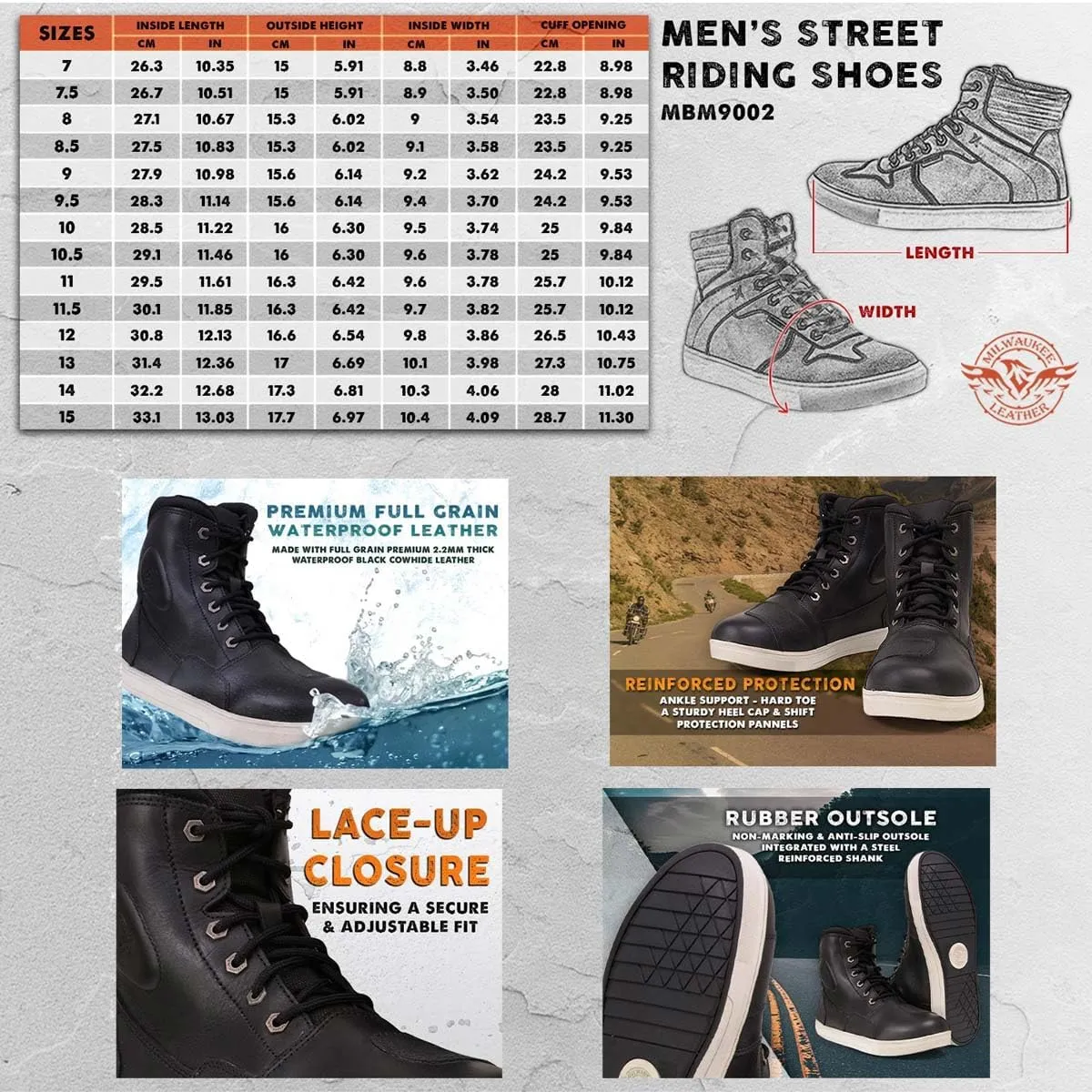 Milwaukee Leather Men's Motorcycle Reinforced Street Biker Casual Riding Shoes Leather Suede Canvas - 10.5