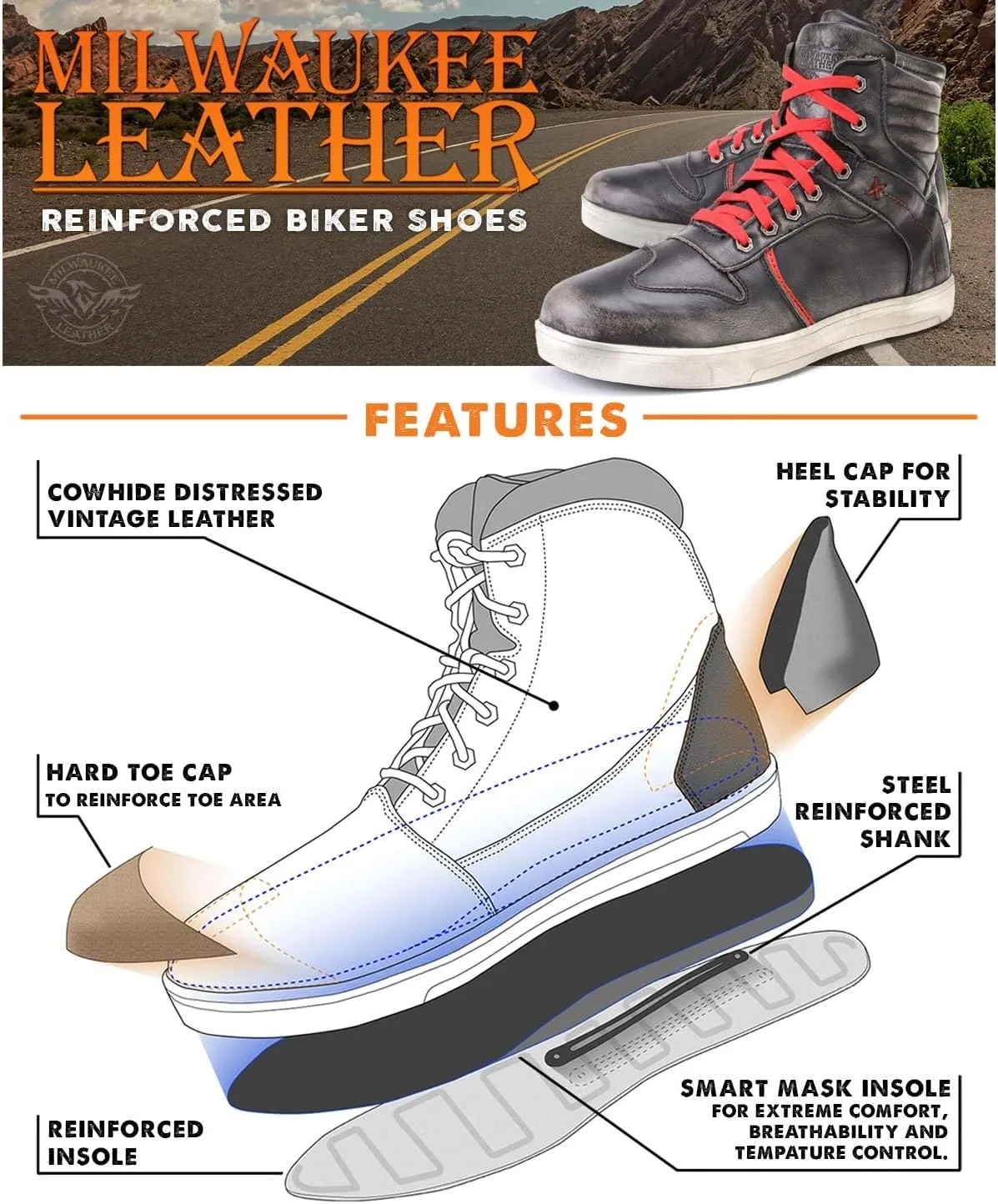 Milwaukee Leather Men's Motorcycle Reinforced Street Biker Casual Riding Shoes Leather Suede Canvas - 8