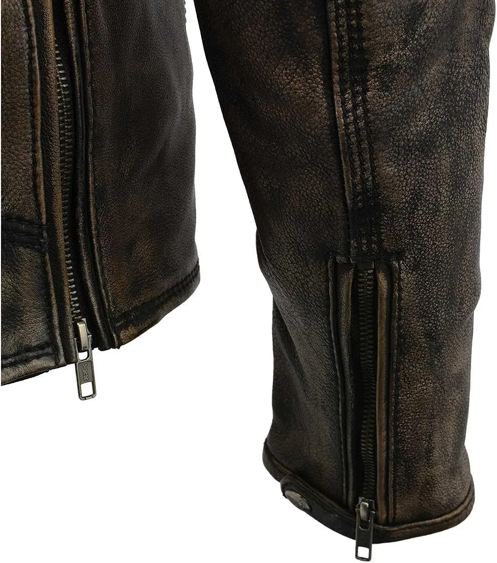 Milwaukee Leather MLM1515 Men's Classic Beltless Distressed Brown Leather Triple Stitched Motorcycle Biker Jacket