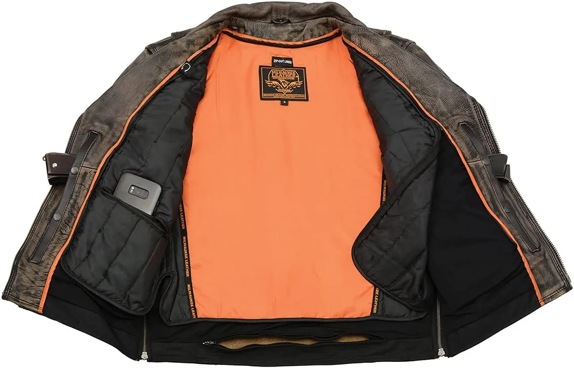 Milwaukee Leather MLM1515 Men's Classic Beltless Distressed Brown Leather Triple Stitched Motorcycle Biker Jacket