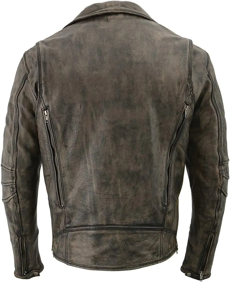 Milwaukee Leather MLM1515 Men's Classic Beltless Distressed Brown Leather Triple Stitched Motorcycle Biker Jacket