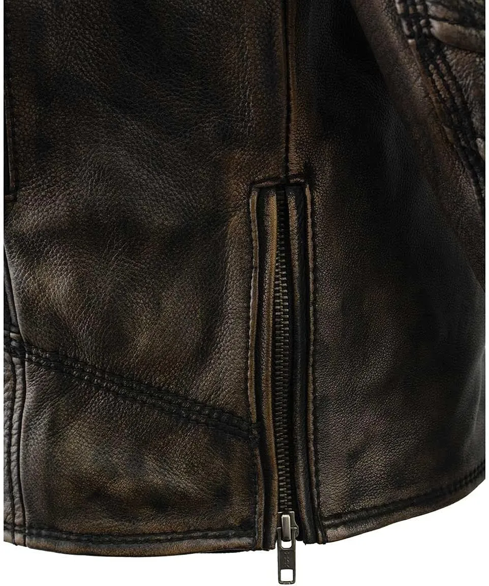 Milwaukee Leather MLM1515 Men's Classic Beltless Distressed Brown Leather Triple Stitched Motorcycle Biker Jacket