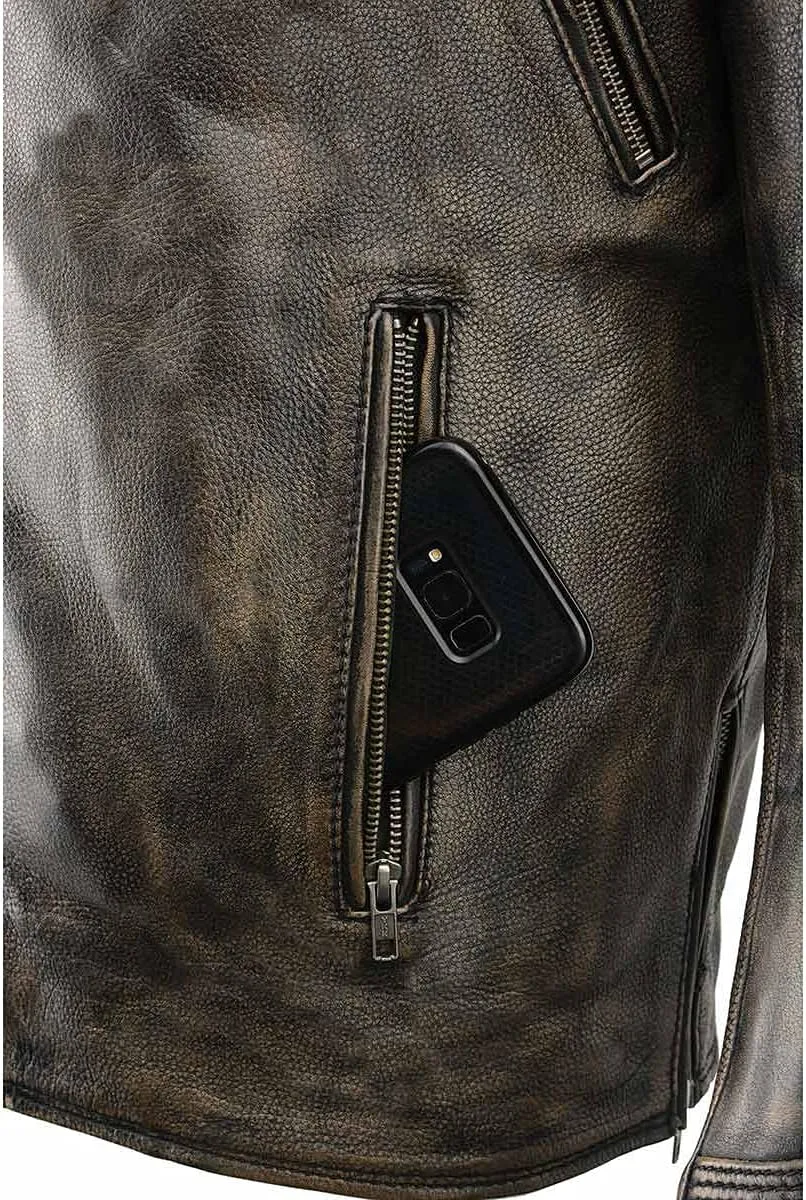 Milwaukee Leather MLM1515 Men's Classic Beltless Distressed Brown Leather Triple Stitched Motorcycle Biker Jacket