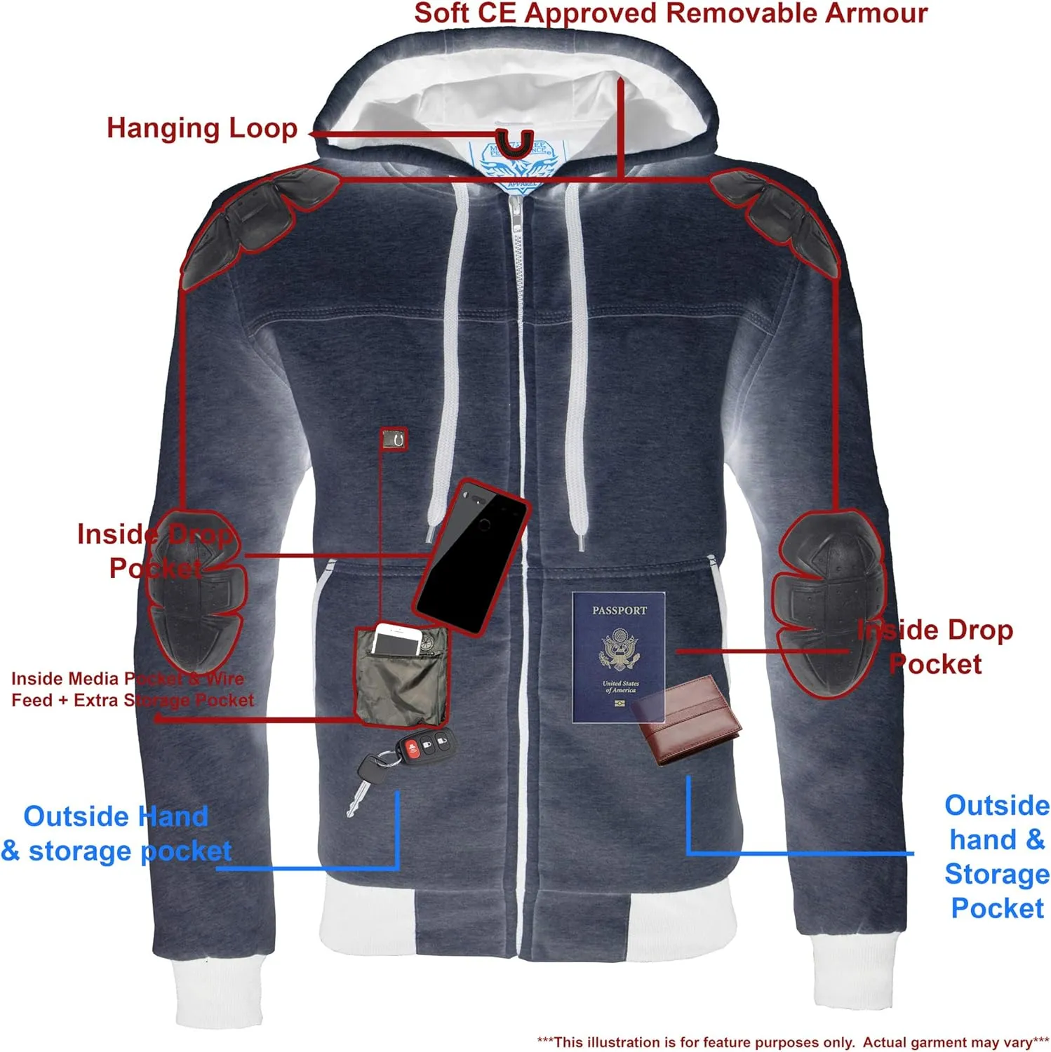 Milwaukee Leather MPM1788 Men's Black CE Approved Armored Riding Hoodie Sweater with Aramid by DuPont Fibers