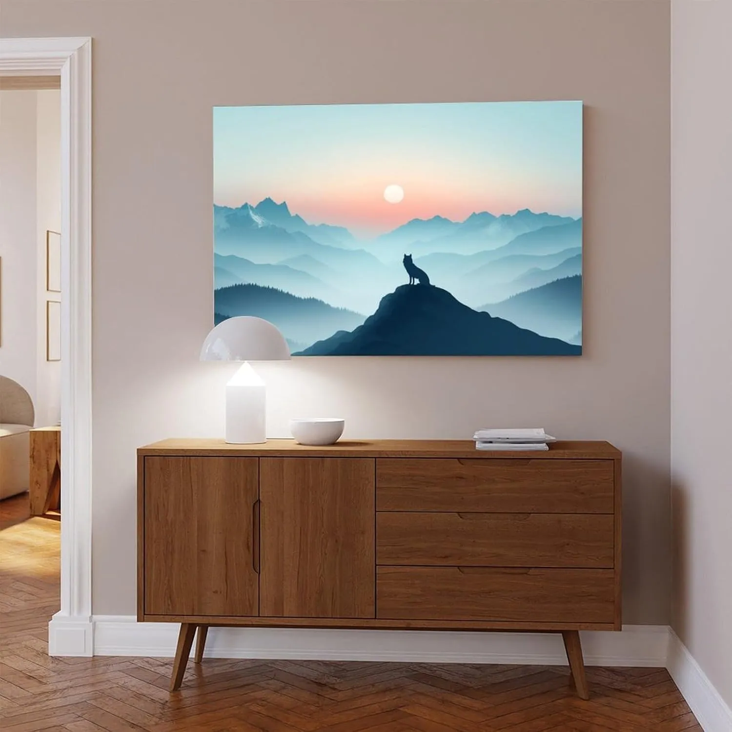 Minimalist Nature Wall Art – Lone Wolf Mountain Scene for Office, Studio, Or Adventure-Inspired Decor Poster Print Decorative Painting Canvas Wall Art Living Room Posters Bedroom Painting 20x30inch(50