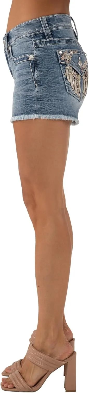 Miss Me Women's Dara Wing Embellished Faux Flap Pockets Mid-Rise Shorts