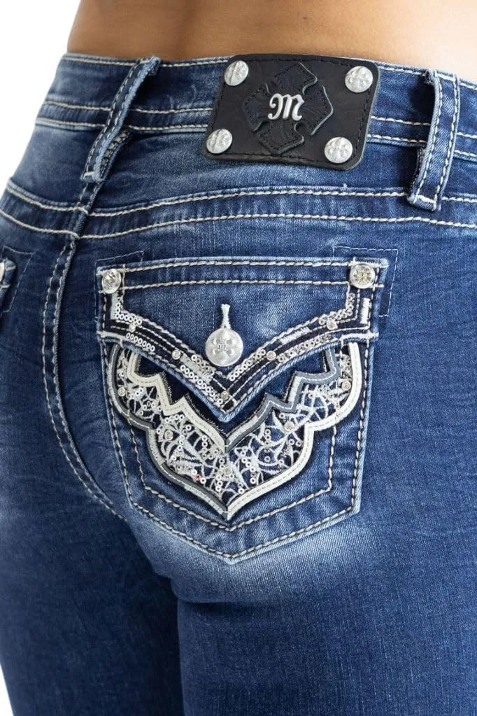 Miss Me Women's Western Stampede Faux Flap Pocket Mid-Rise Bootcut Jeans