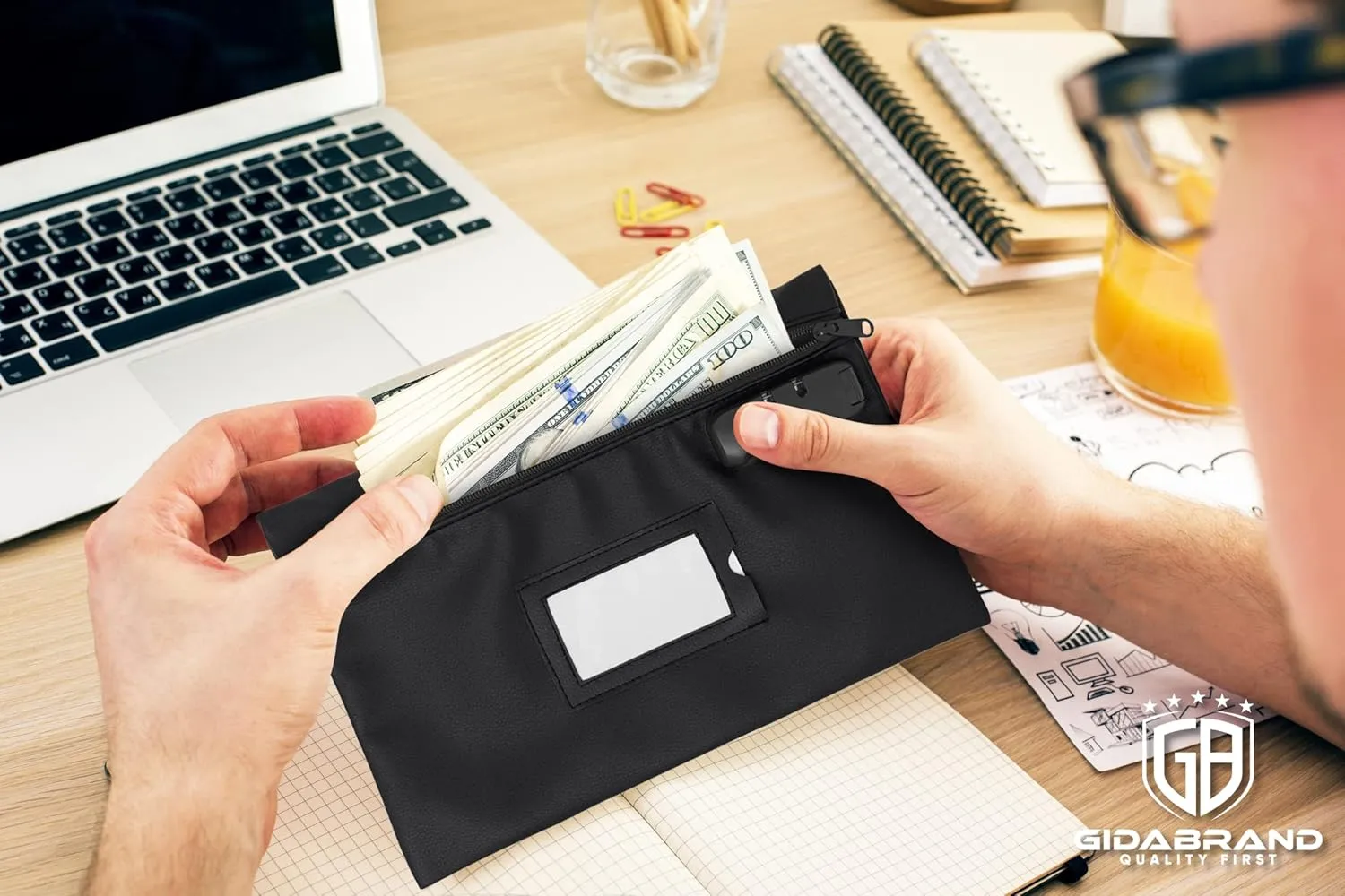 Money Bag for Cash with Lock | 12x8 Inch | Black Leatherette Locking Bank Bag