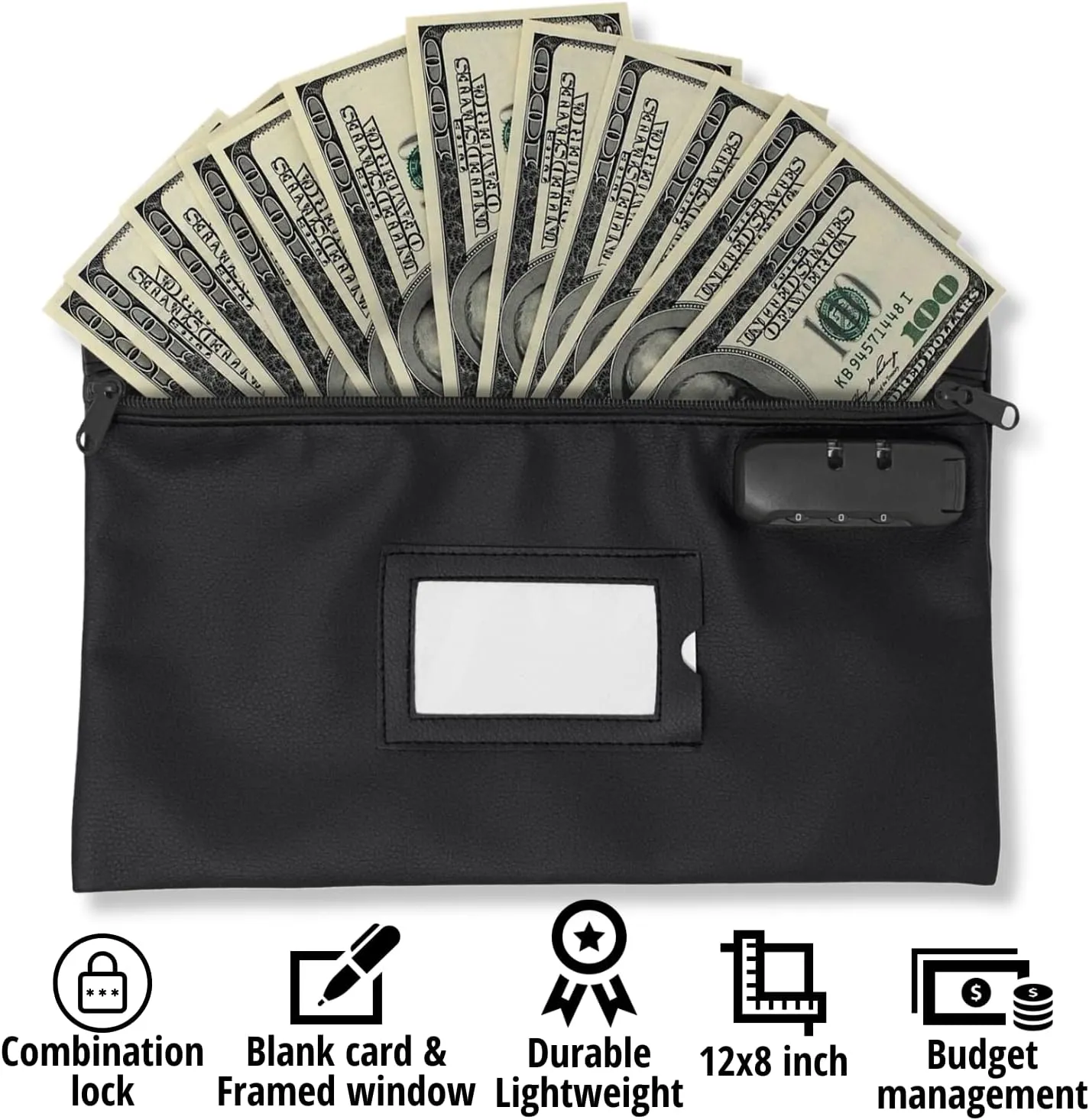 Money Bag for Cash with Lock | 12x8 Inch | Black Leatherette Locking Bank Bag