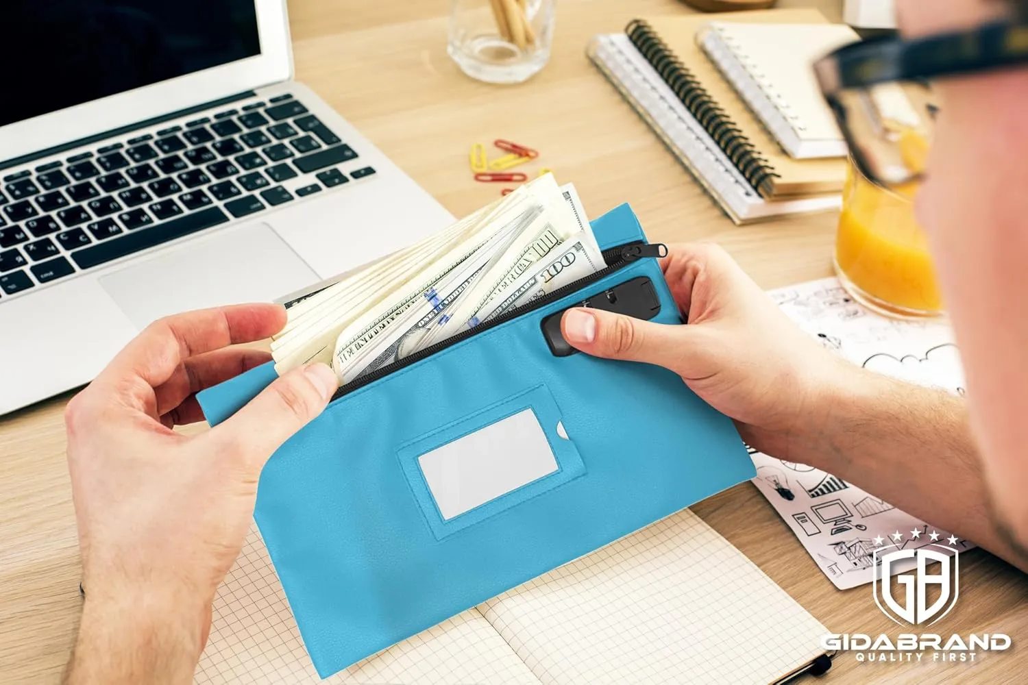 Money Bag for Cash with Lock | 12x8 inch | Durable Leatherette Money Cash Coin Check Bank Wallet Pouch with Zipper for Men & Women with Framed ID Window and Blank Card | by GIDABRAND (Light blue)